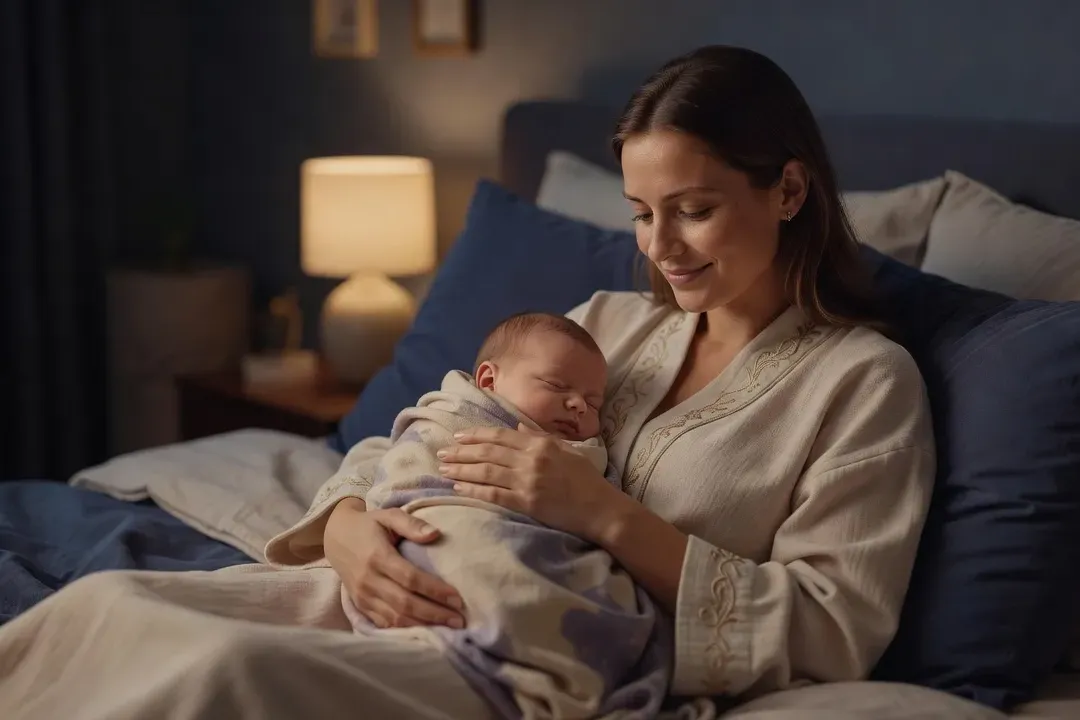 Mère en post-partum tenant tendrement son nouveau-né endormi dans un lit à la lumière tamisée d'une veilleuse