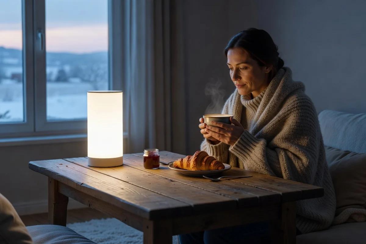 Lampe de luminothérapie 10 000 lux posée sur une table du petit-déjeuner, tasse de café et lumière du matin