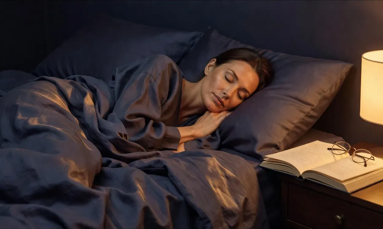 Femme adulte endormie paisiblement sur le côté, un livre et des lunettes posés sur la table de nuit