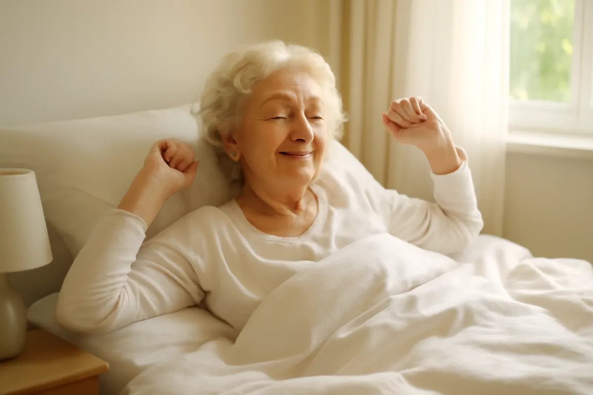 Personne senior se réveillant paisiblement au petit matin dans une chambre lumineuse