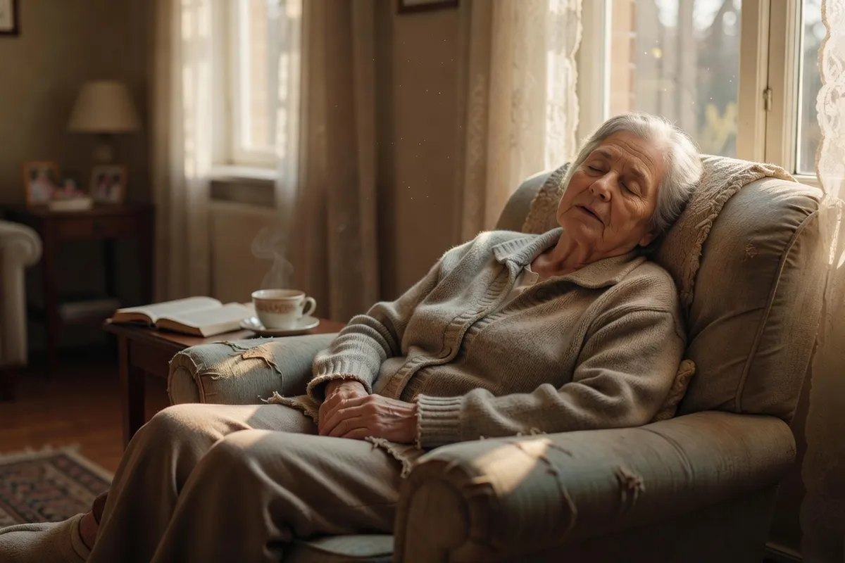Personne senior faisant une sieste confortable dans un fauteuil près d'une fenêtre en début d'après-midi