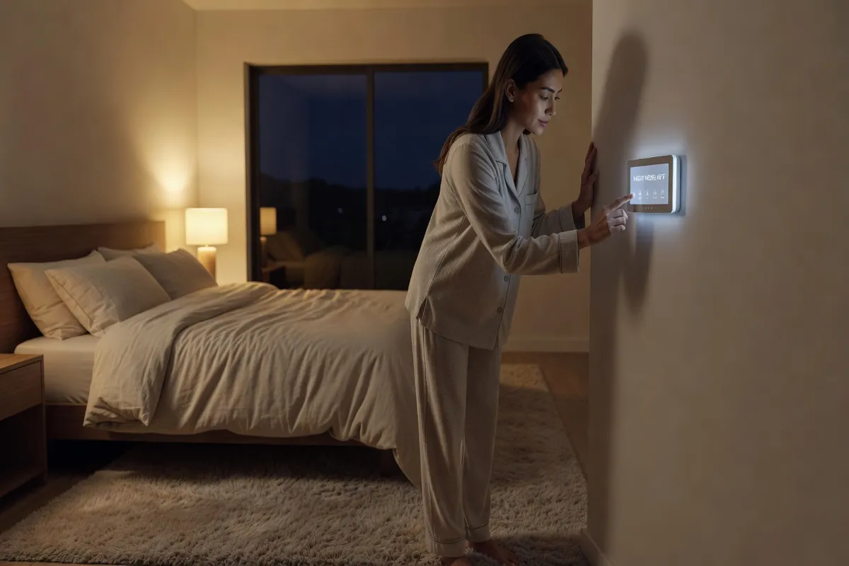 Réglage du thermostat intelligent la nuit avant le coucher dans une chambre moderne