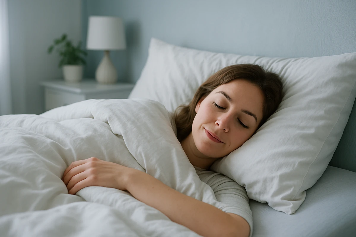 Femme endormie paisiblement dans une chambre fraîche avec une couette légère et des draps en lin