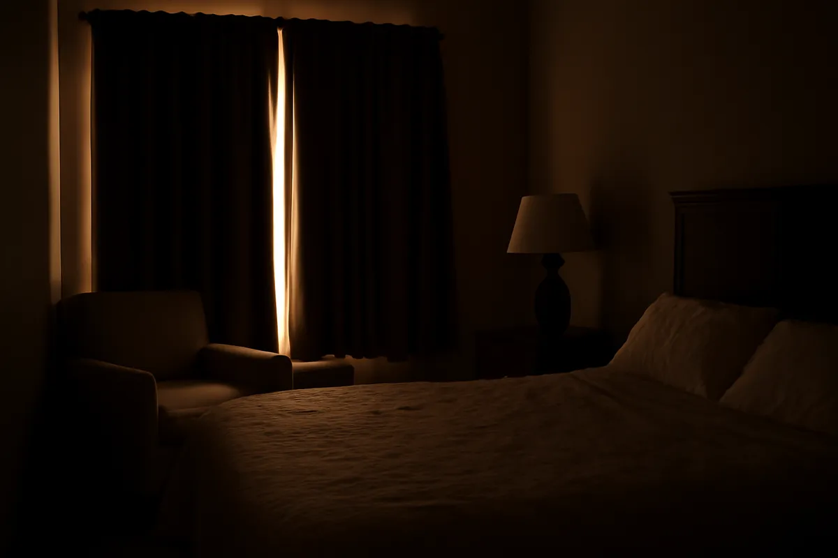 Chambre plongée dans l'obscurité totale grâce à des rideaux occultants en pleine journée