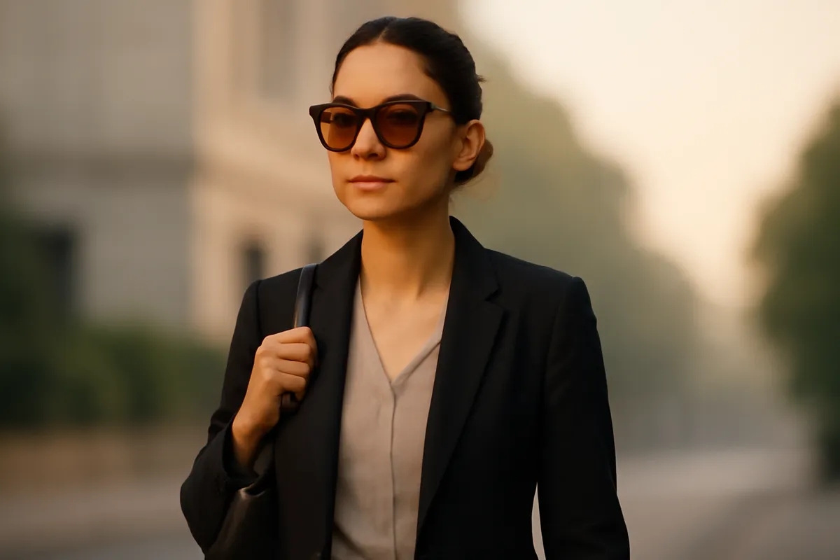 Femme en tenue professionnelle marchant au petit matin avec des lunettes de soleil, retour de poste de nuit